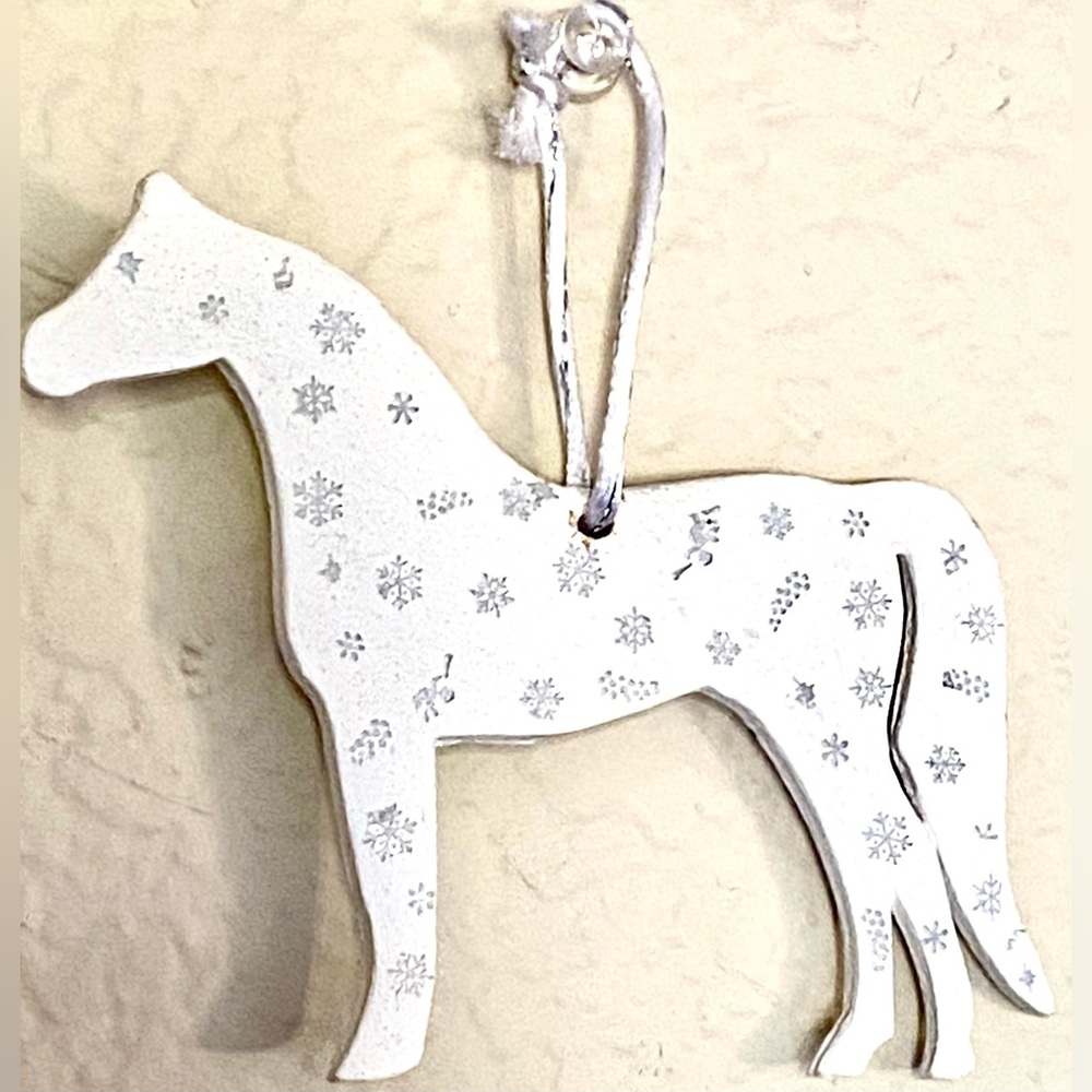 Arabian Horse Holiday Ornament-Matte White w Metallic Silver Snowflakes-Handmade